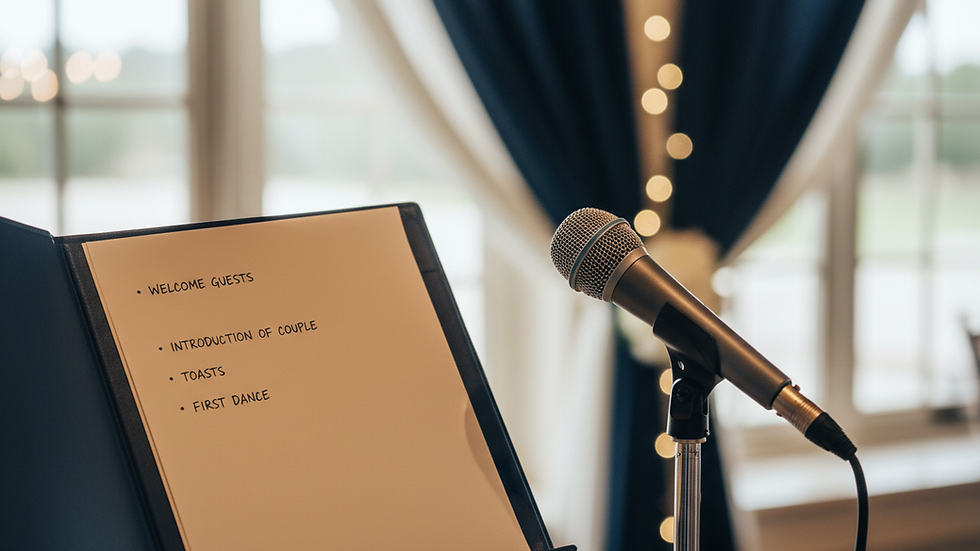 Close-up view of a wedding emcee’s notes and microphone on a stand