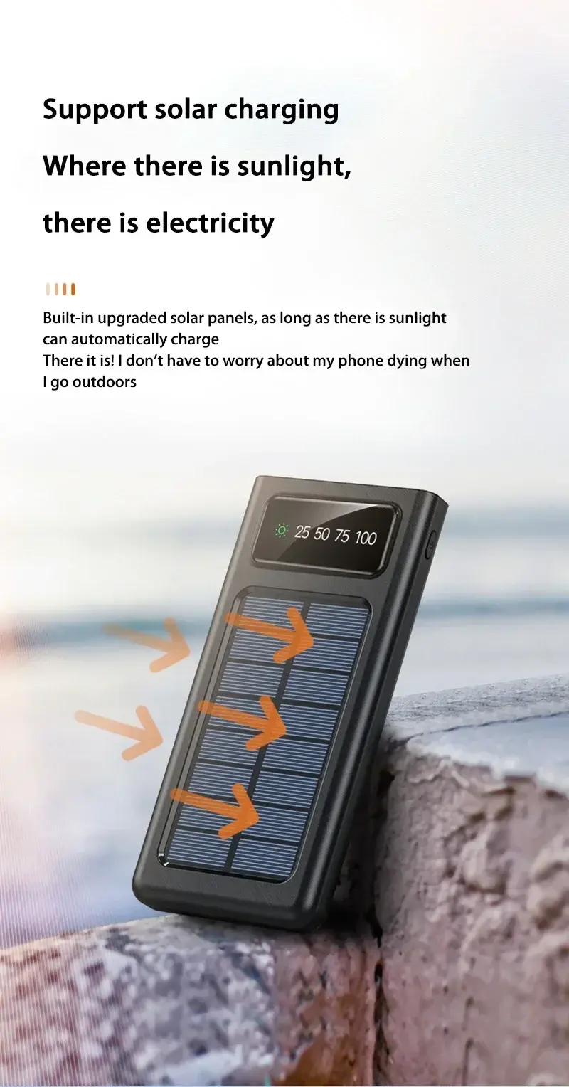 Thumbnail: 200000mAh Solar Power Bank Super Fast Charging 4in1 USB TypeC 4 Cables LED Light