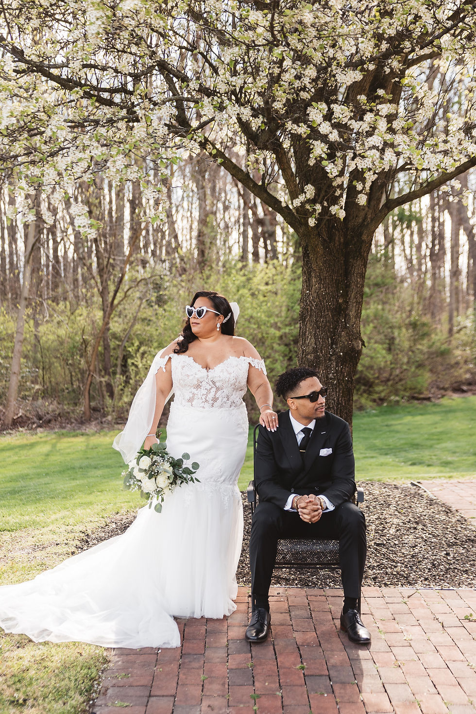 Bride and groom pose in sunglasses photographed for Philadelphia wedding day at Belle Voir Manor. Taken by Philly wedding photographer Madison Neumann Photography.