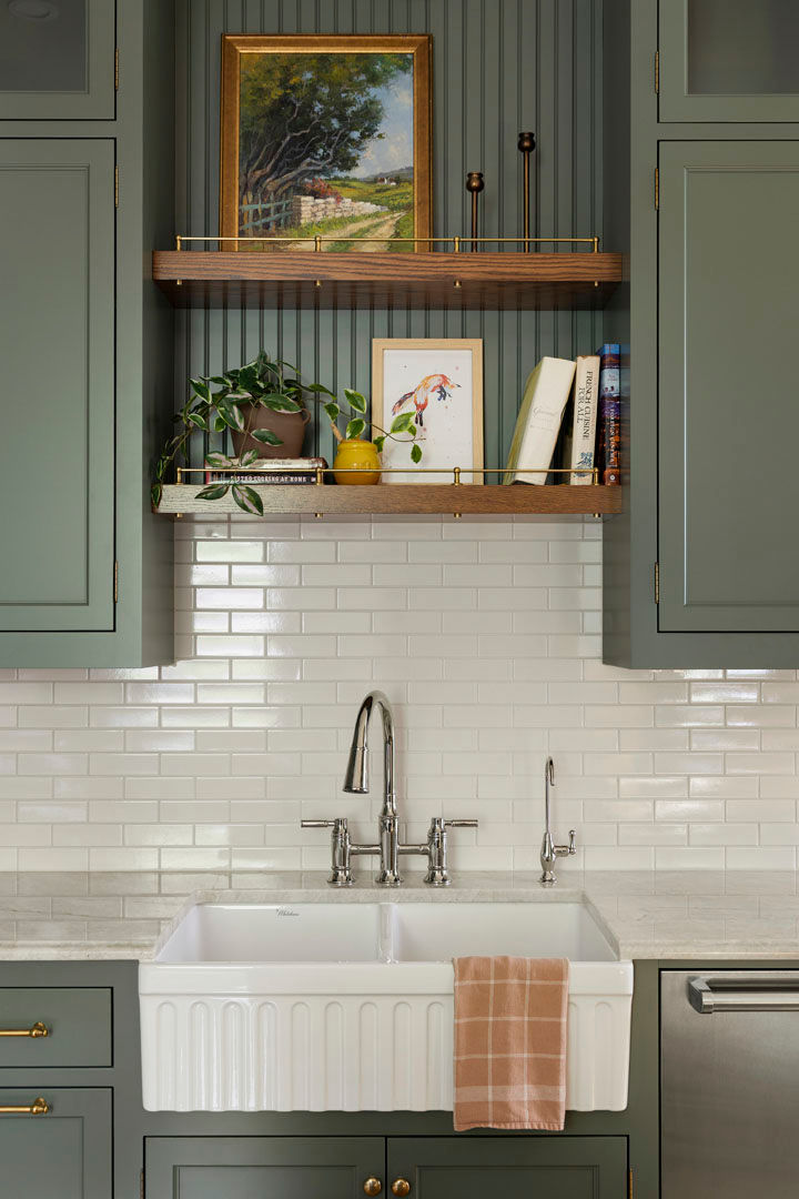Dark Green Kitchen Cabinets with natural wood shelves, designed by Charles Cabinets.