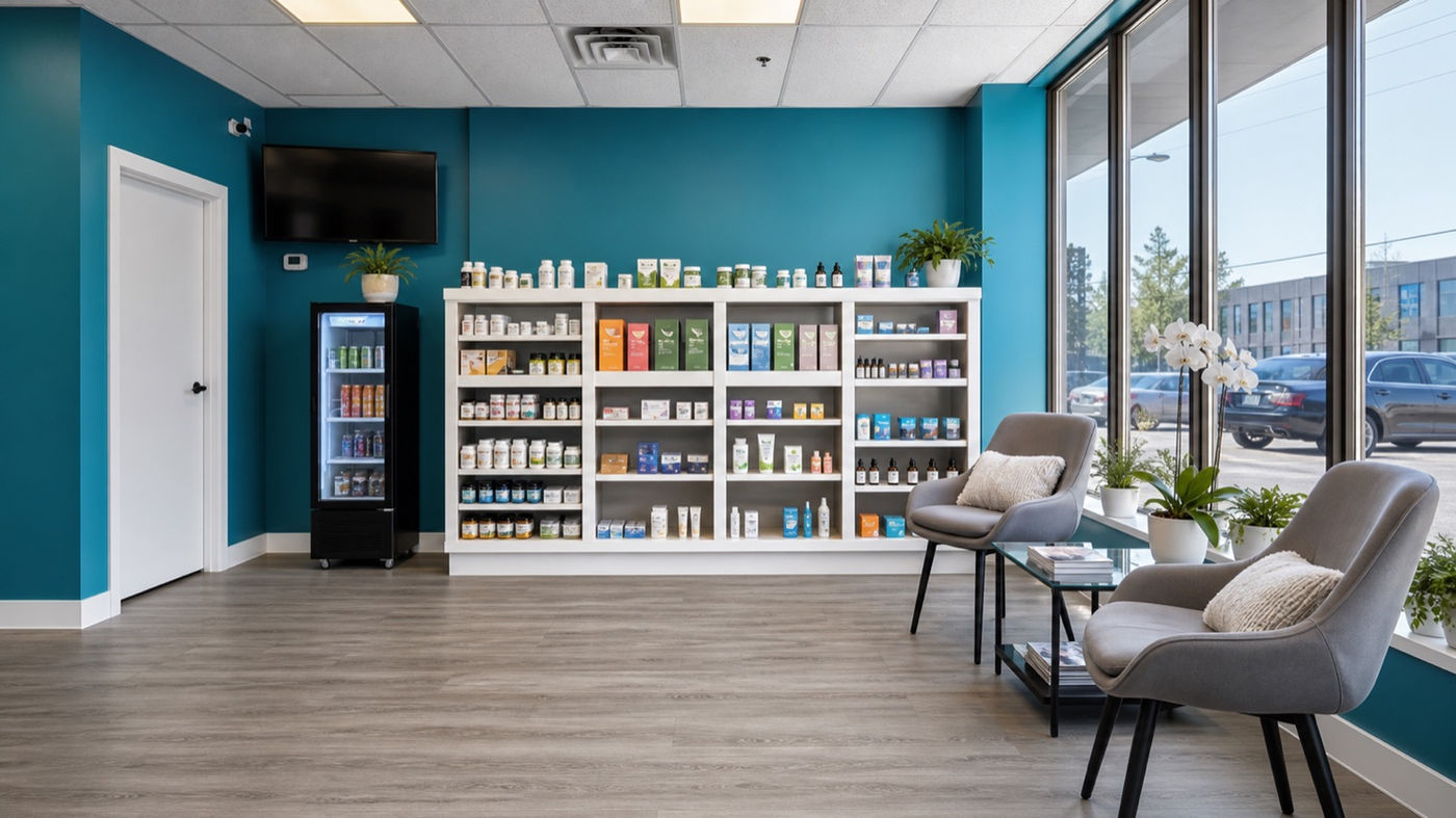 The wellness lounge inside Murray Shore Pharmacy, a calm place to wait near the front windows