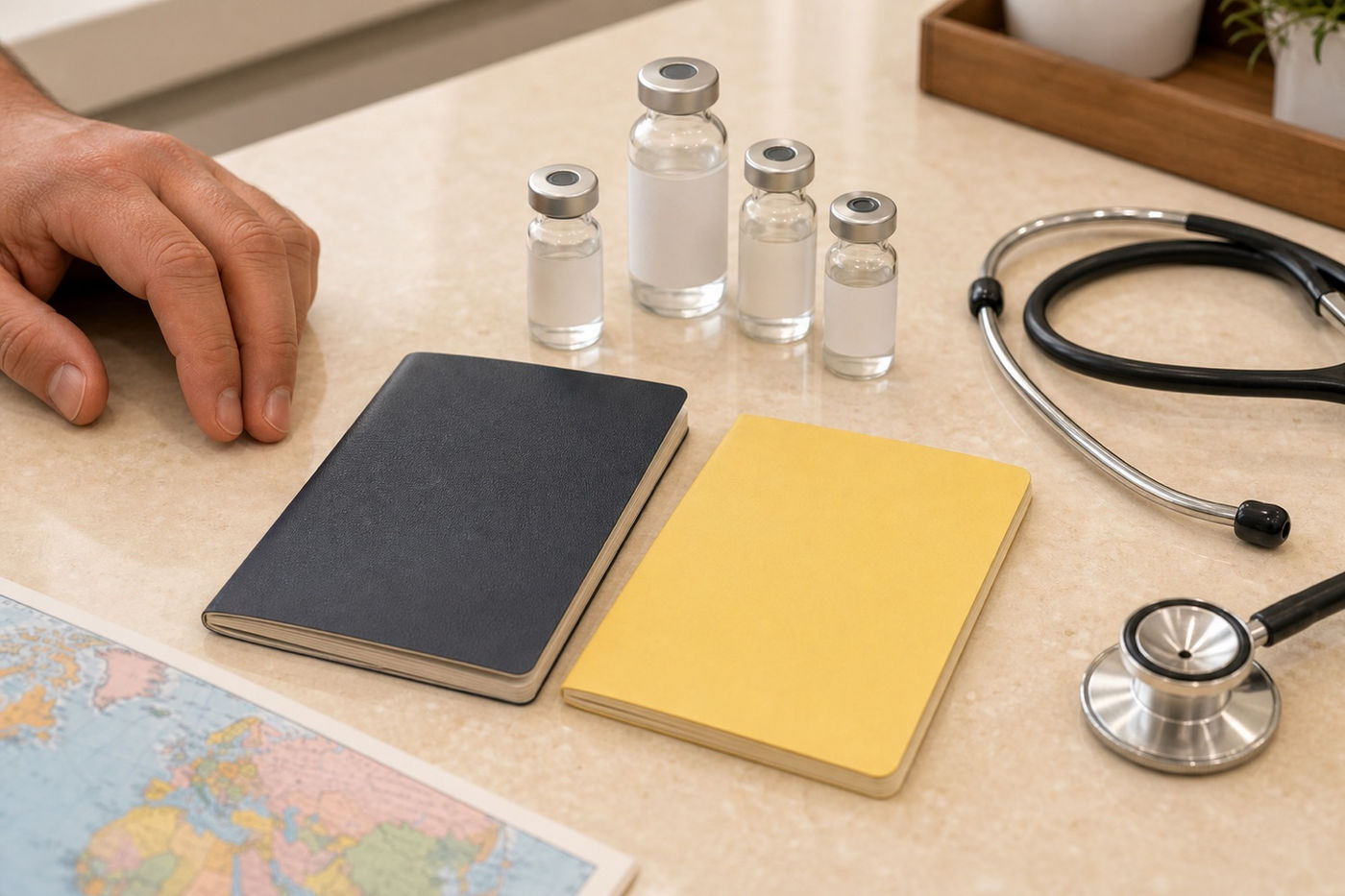A passport, vaccination record card and travel vaccine vials at Murray Shore Pharmacy