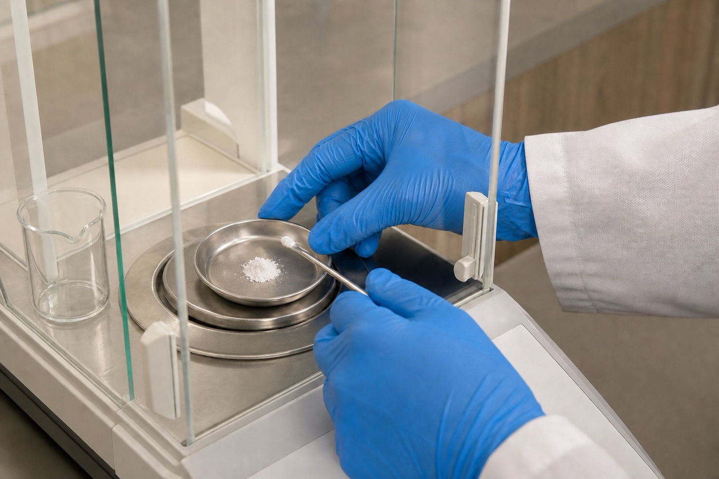 A pharmacist weighing an ingredient on the balance at the compounding bench