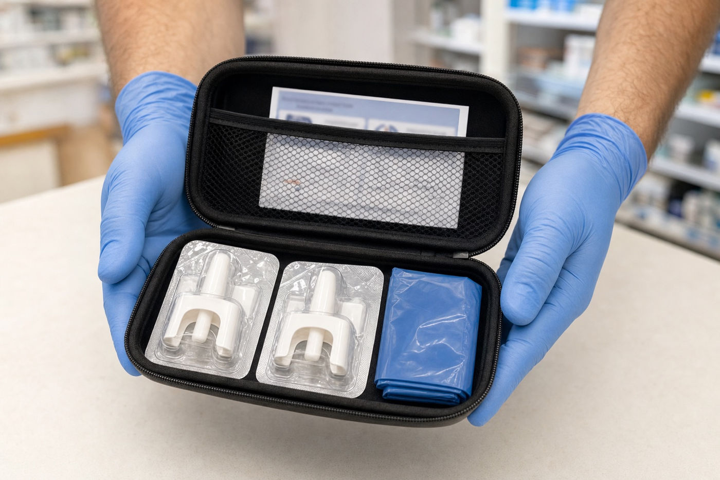 Gloved hands at Murray Shore Pharmacy presenting an open take-home naloxone kit with two nasal spray devices