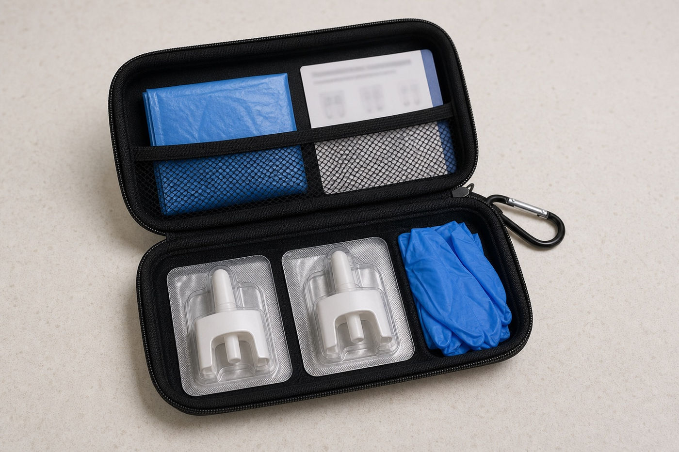 An open take-home naloxone kit: two nasal spray doses, a rescue-breathing barrier, gloves, and an instruction card