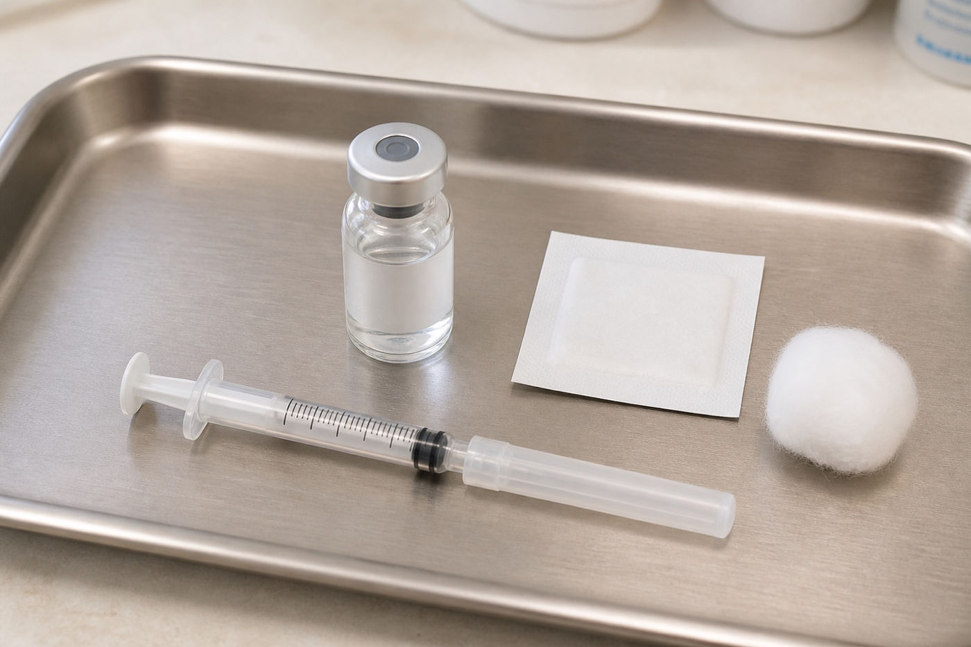 A prepared flu vaccine, vial and alcohol wipe on a tray at Murray Shore Pharmacy