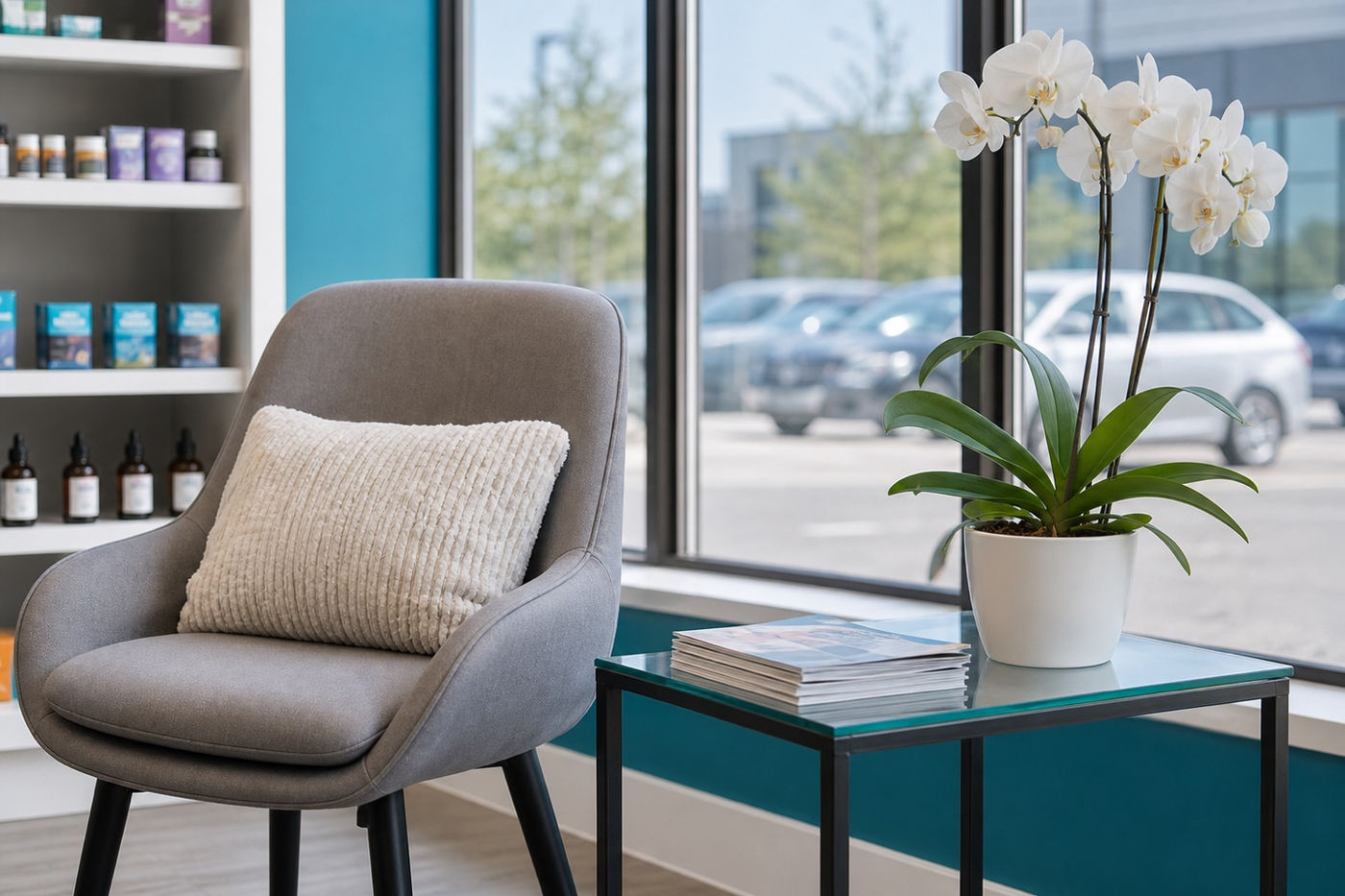 A comfortable seat and orchids by the window in the Murray Shore Pharmacy waiting area