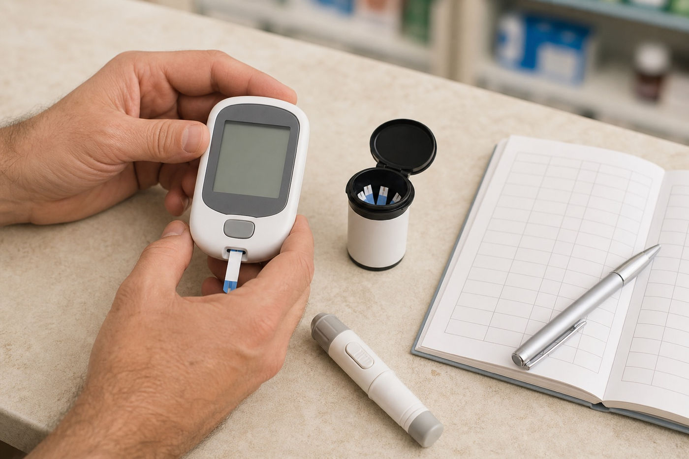 A blood glucose meter, lancet, test strips and a logbook at Murray Shore Pharmacy
