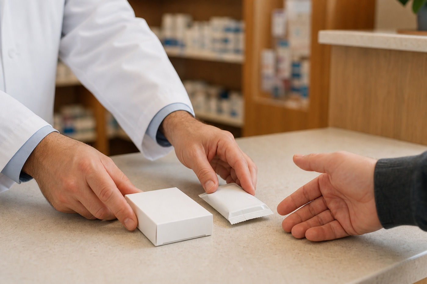 A pharmacist at Murray Shore Pharmacy handing nicotine replacement products across the counter to a patient