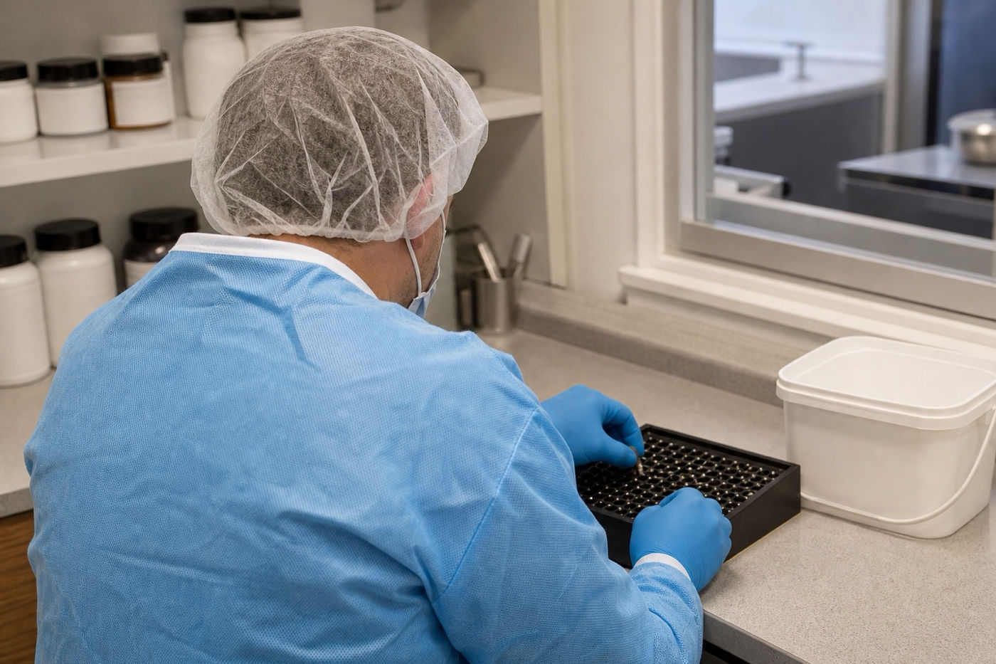 A Murray Shore pharmacist preparing a custom compound by hand at the bench