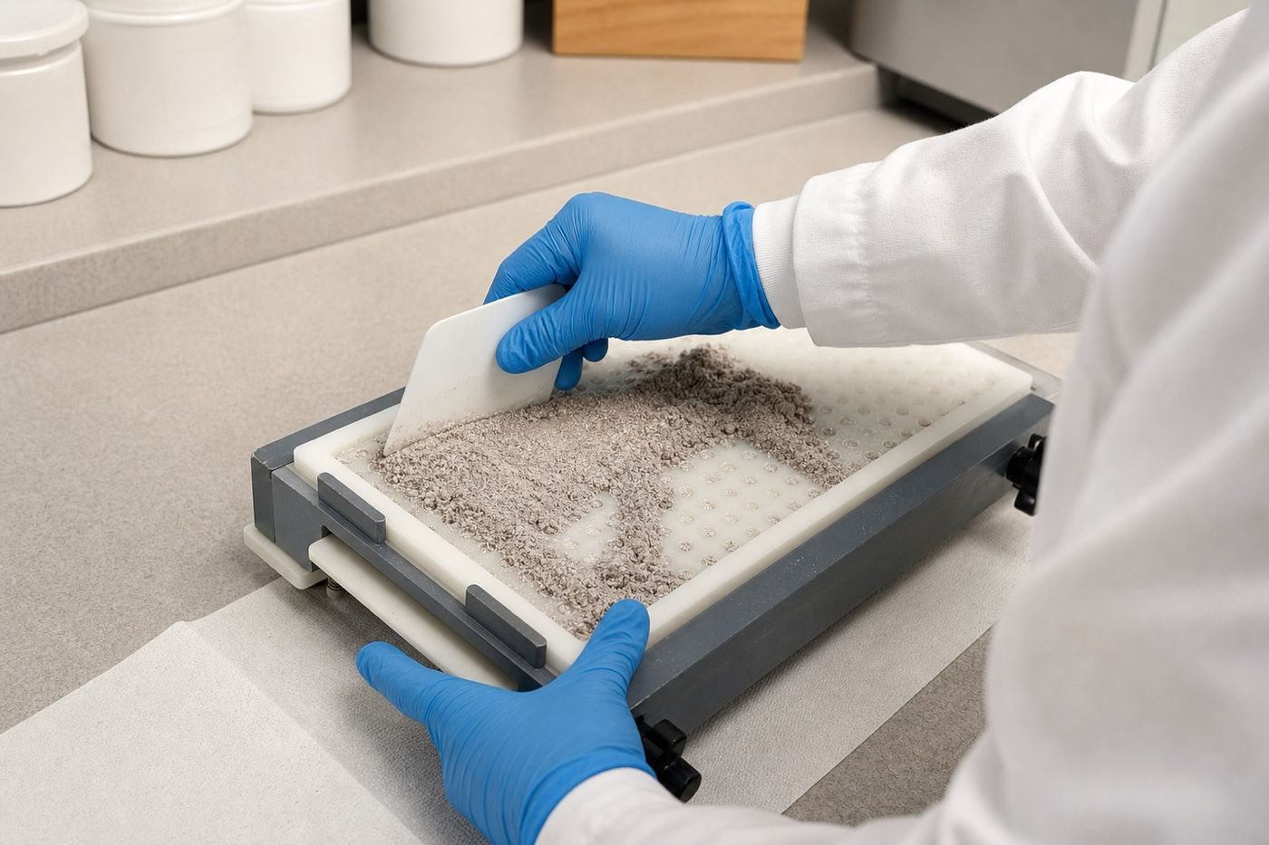 A tray of loose powder being worked at our compounding bench