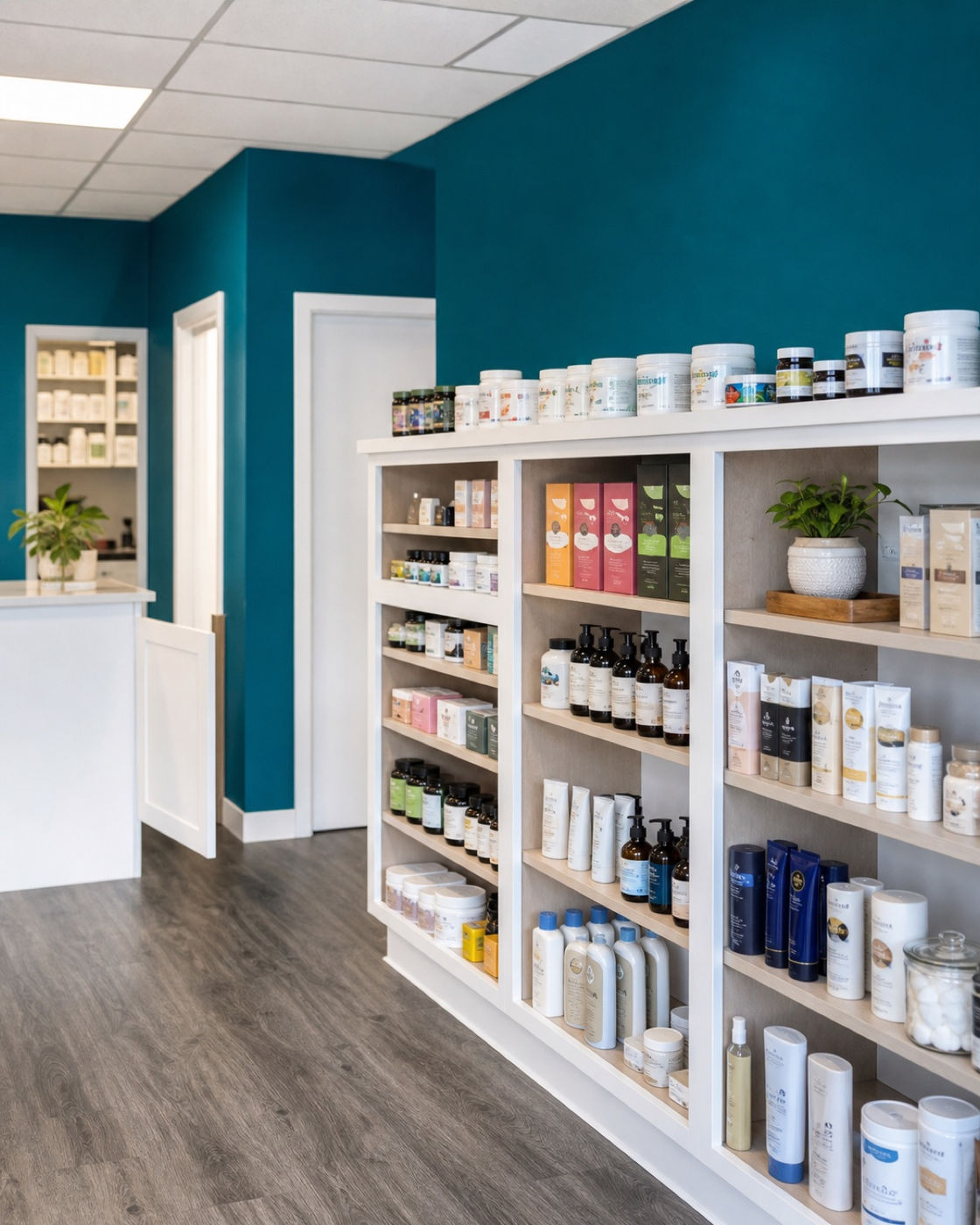 The wellness shelving inside Murray Shore Pharmacy, beside the service counter