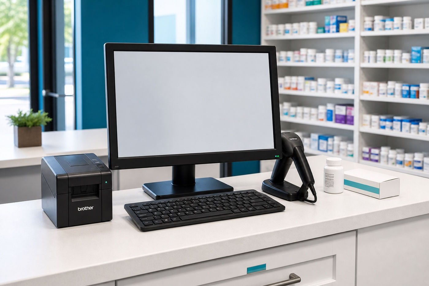 A dispensing workstation at Murray Shore Pharmacy, ready to prepare a new prescription