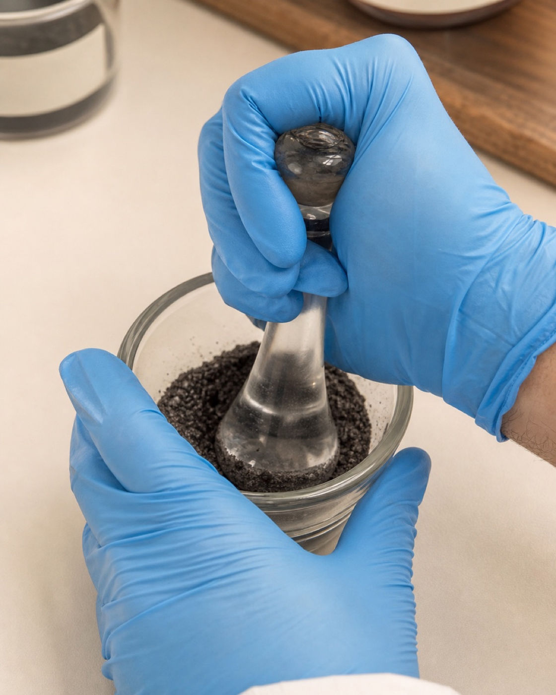 Gloved hands grinding a preparation with a mortar and pestle at our compounding bench