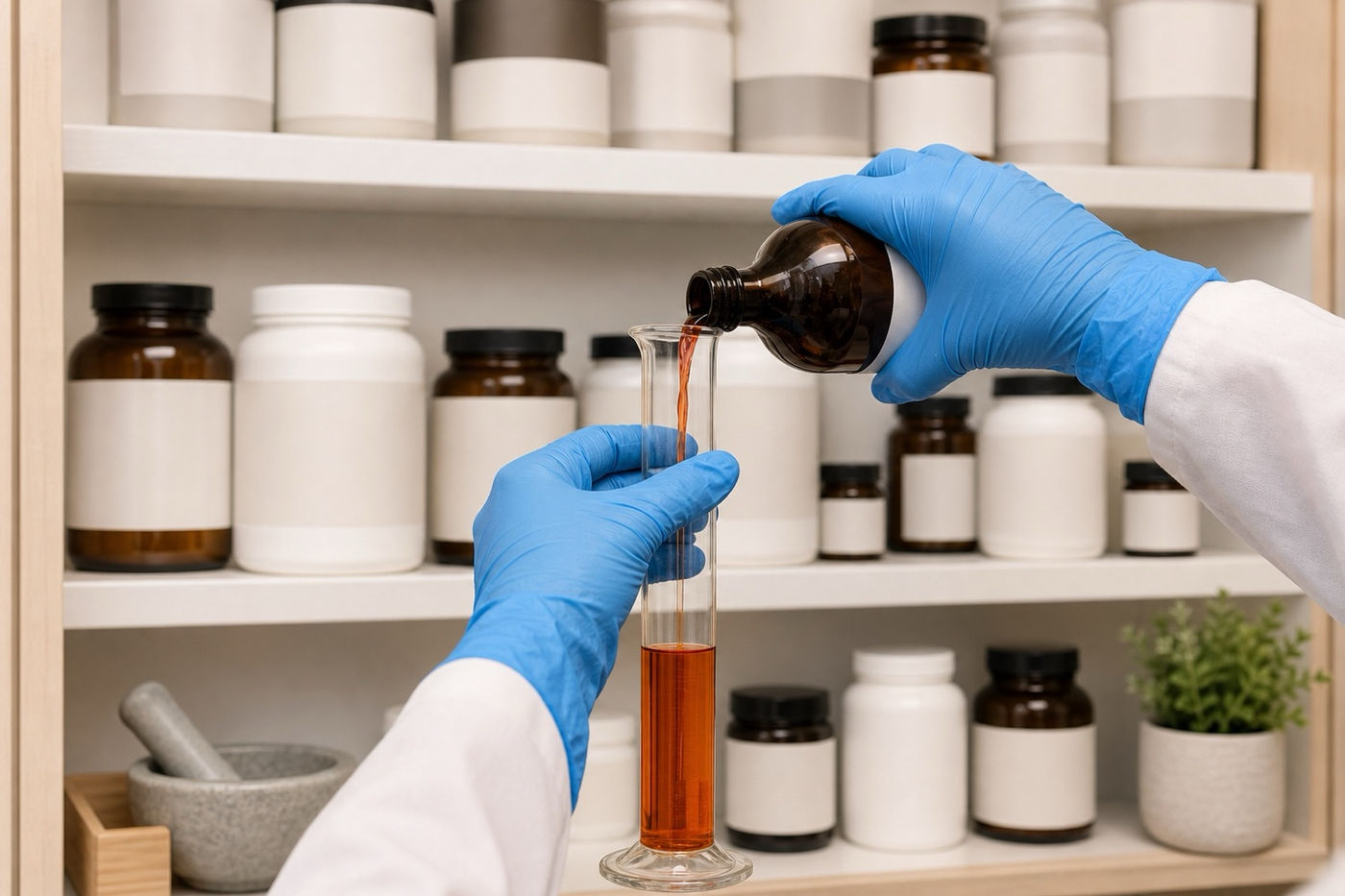 Measuring a compound into a graduated cylinder at the Murray Shore compounding bench