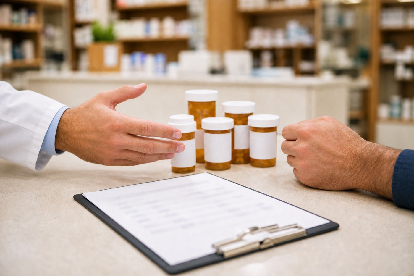 A pharmacist at Murray Shore Pharmacy reviewing a row of prescription bottles and a medication record with a patient