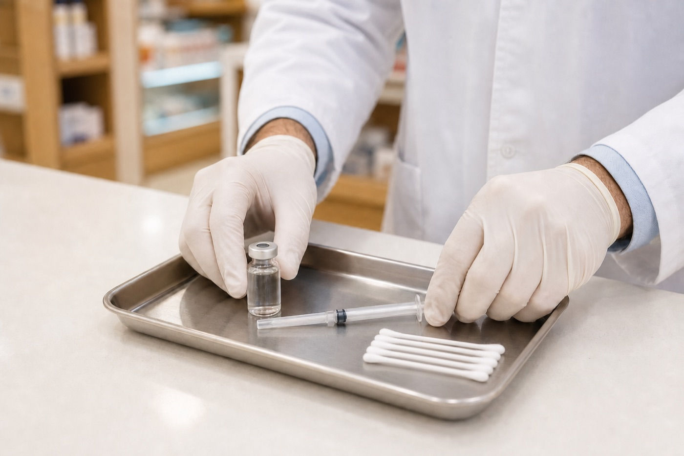 A gloved pharmacist at Murray Shore Pharmacy preparing a vaccine vial and syringe on a tray