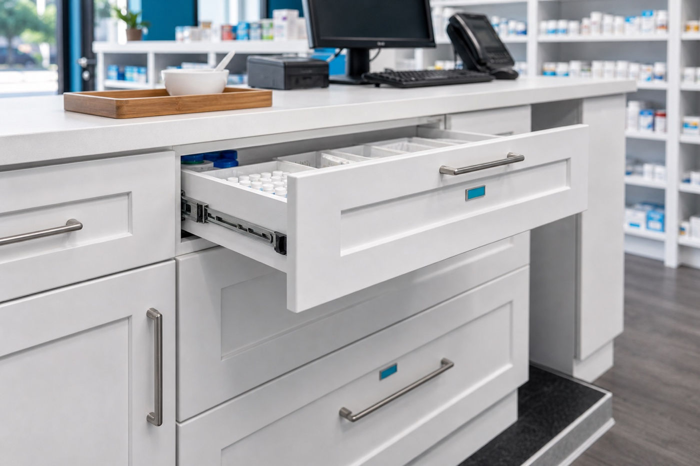 Organized medication drawers behind the counter at Murray Shore Pharmacy