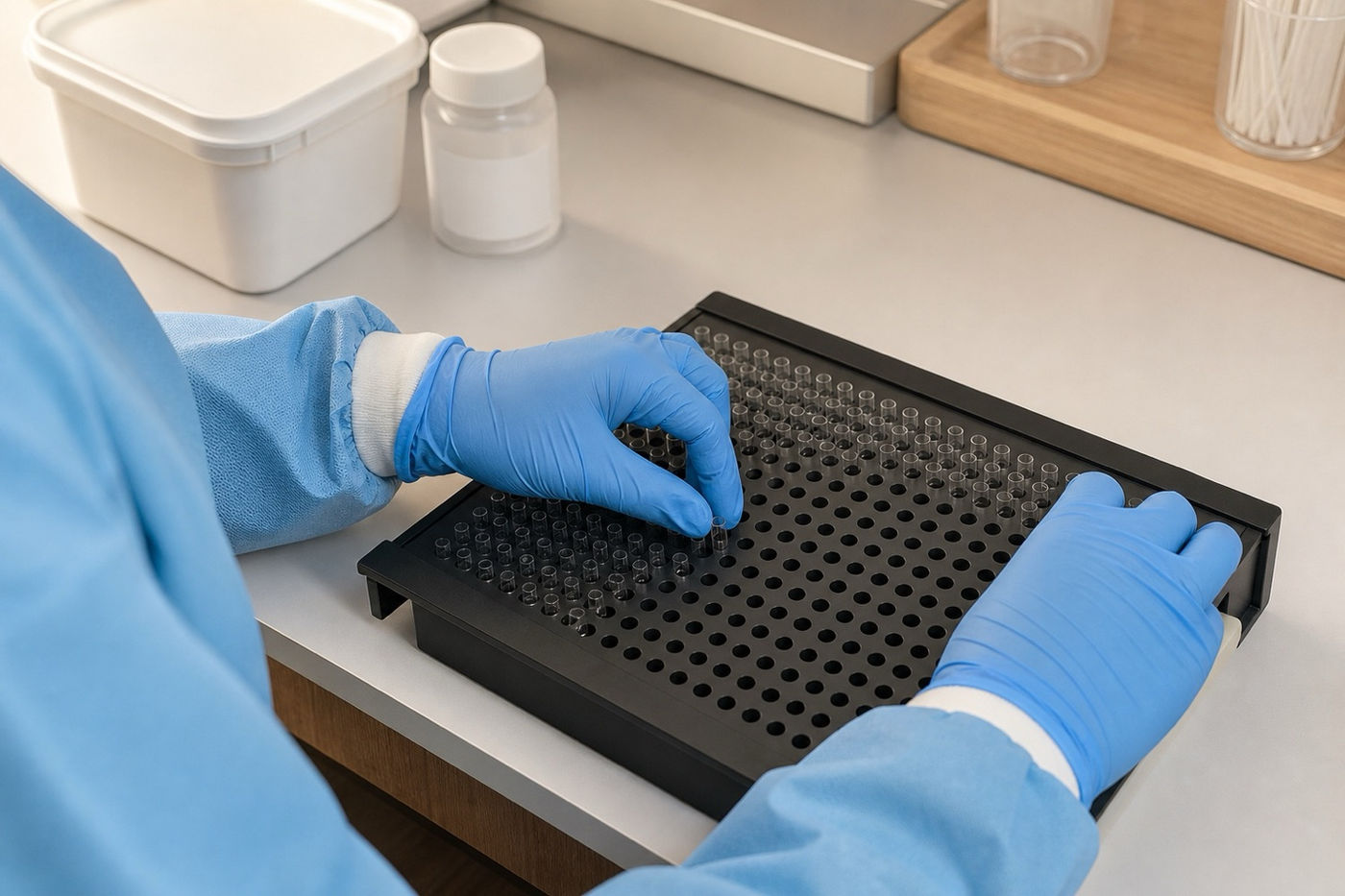 A pharmacist at Murray Shore Pharmacy filling a capsule tray by hand at the compounding bench