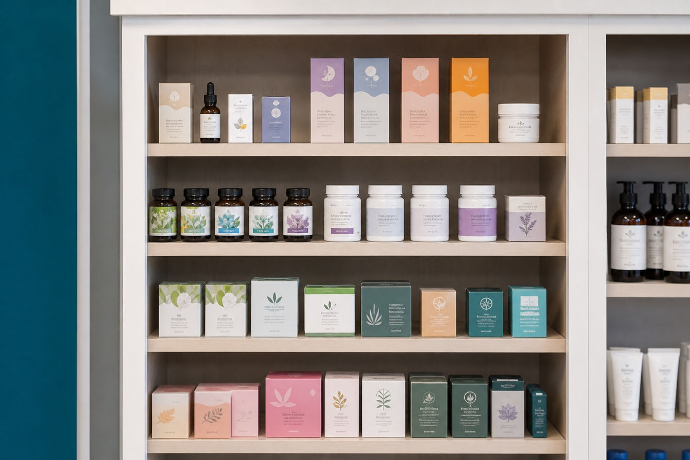 The wellness shelving at Murray Shore Pharmacy, stocked with vitamins and supplements