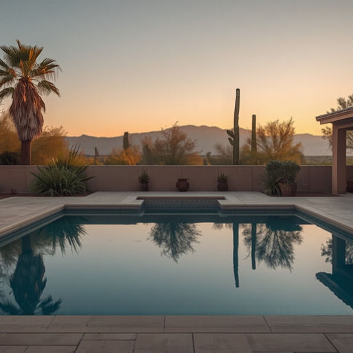 Desert backyard pool reflecting palm trees and mountains at sunset.
