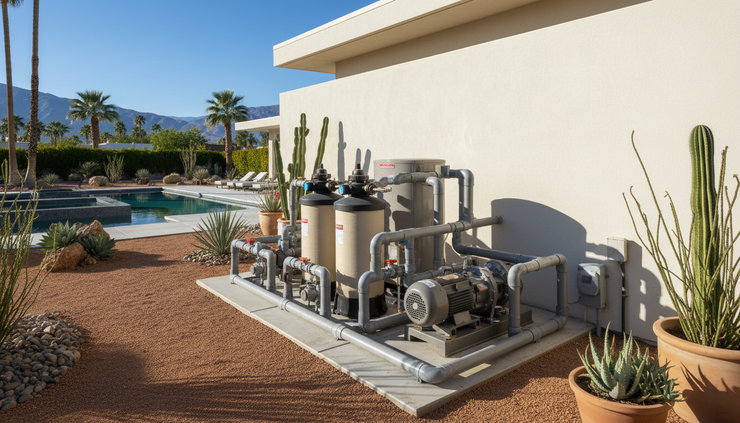 Eye-level view of pool equipment beside a luxury desert home.