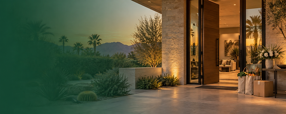 Luxury Coachella Valley home entrance with grocery delivery.