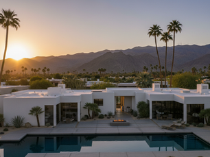 Wide-angle view of a luxury desert home in the Coachella Valley at sunset.