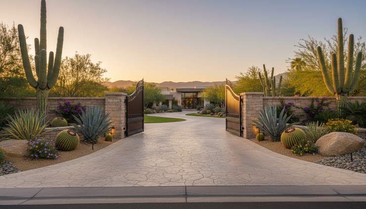Wide-angle view of a quiet gated entry at a well-kept Rancho Mirage desert home.