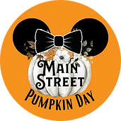 The official logo of Main Street Pumpkin Day (an annual event held by O.W.L. Society) on an orange circle. The logo features a white pumpkin wearing black mouse ears decorated with a bow and flowers. Words on the logo read "Main Street Pumpkin Day."