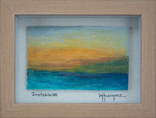 Oil pastel landscape painting with turquoise, green, yellow, orange and baby blue colours on canvas.