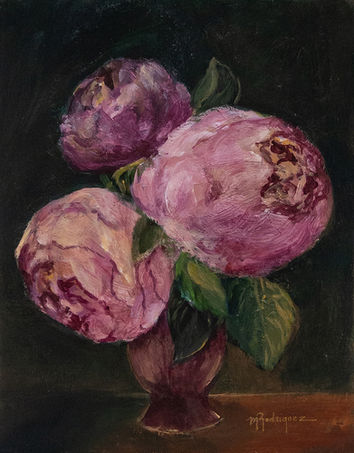 Three roses on a base, acrylic painting on wood panel.