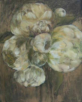 White flowers painted on a gold, brown and green background.