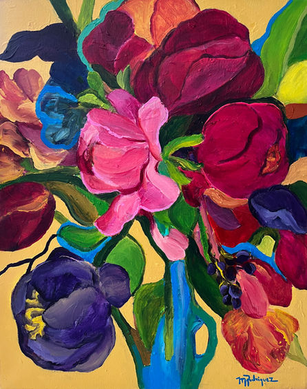 Rejoyce collection, floral painting, colourful, semiabstract, and bold.