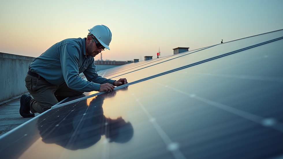 High angle view of technician inspecting solar panels on rooftop