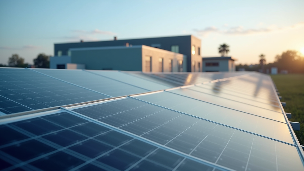 High angle view of solar panels with commercial building in background