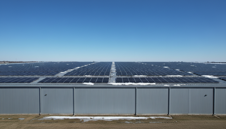Wide-angle view of solar panels on a flat industrial roof in the Midwest
