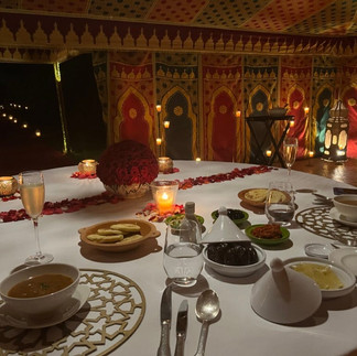 Traditional caidal tent dining experience at Amanjena Marrakech in the olive grove.