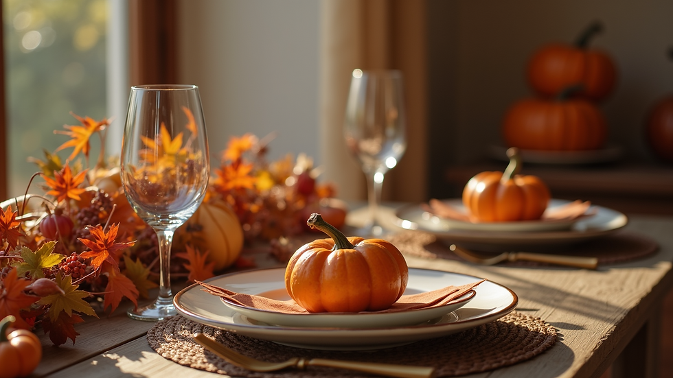 Eye-level view of a beautifully set Thanksgiving dinner table