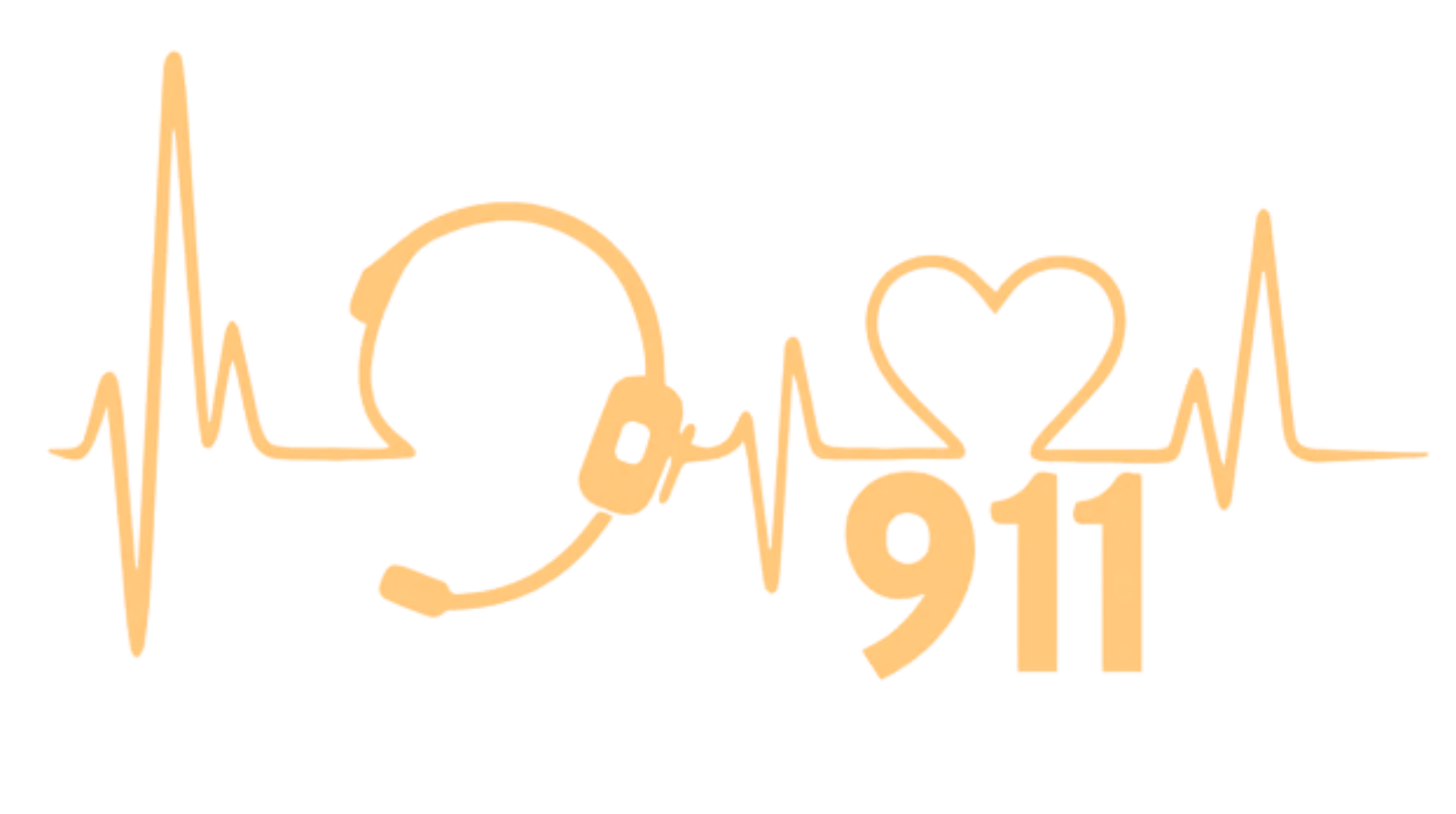 Yellow EKG line with headset icon, heart, and 911 on white background.