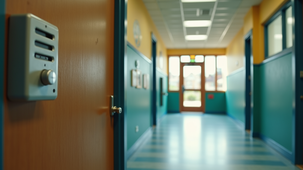Eye-level view of a secure preschool entrance with locked doors and a buzzer system