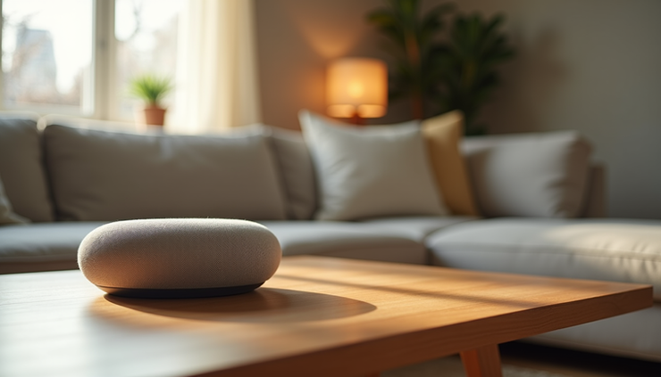 Eye-level view of a smart speaker on a wooden table in a cozy living room