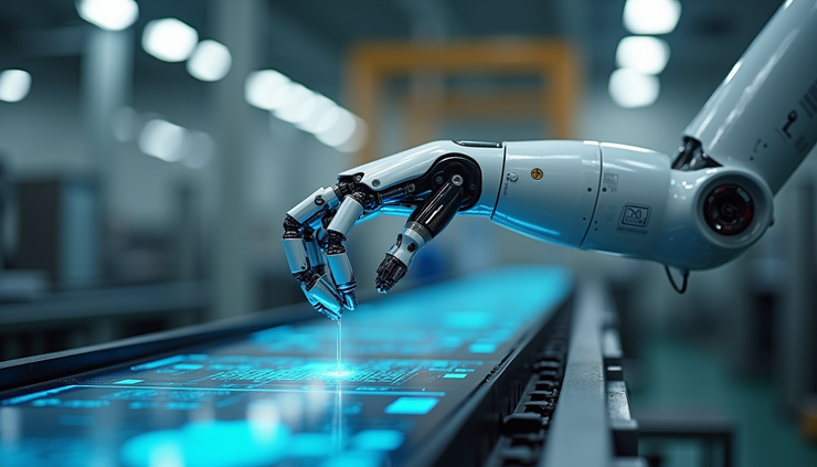 Eye-level view of an AI-powered robotic arm managing a production line