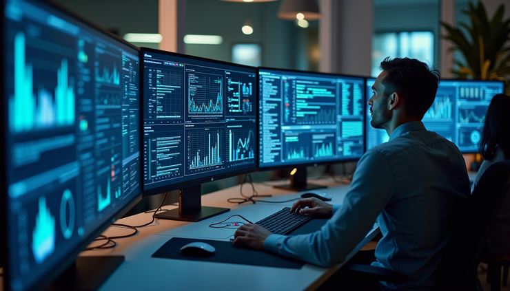 Eye-level view of a modern workspace with AI-powered automation tools displayed on multiple screens