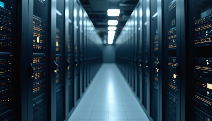 Eye-level view of a server room with racks of scalable cloud infrastructure equipment