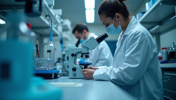 Eye-level view of a laboratory workstation with AI-powered drug research equipment