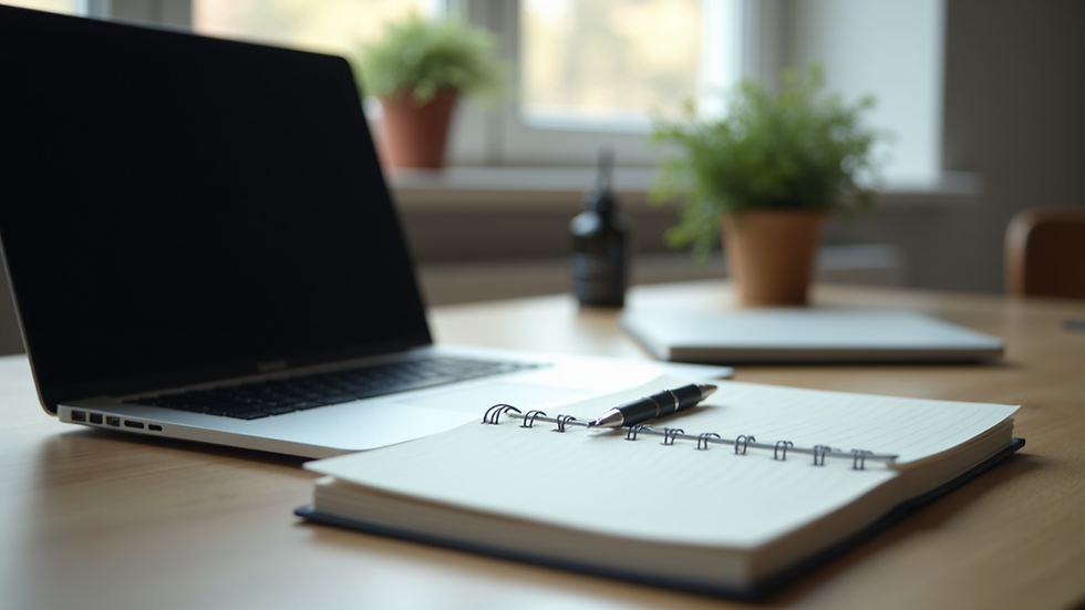 Eye-level view of a laptop and notebook on a tidy desk