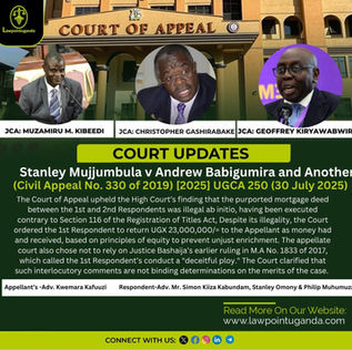 Uganda Court of Appeal reaffirms that a person without a legal interest in land cannot create a valid mortgage under Section 116 of the RTA — Orders refund to misled purchaser on equitable grounds