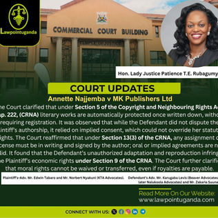 Court Slaps MK Publishers with UGX 100M Damages for Infringing Author's Children's Folktales, Affirms that Copyright Protection in Uganda Is Automatic Once an Original Work Is Fixed in Material Form.
