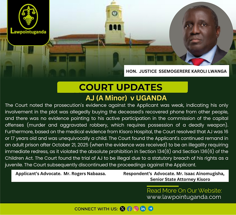 Where a juvenile is held in an adult prison in violation of the Children Act, the Court has the power to discontinue criminal proceedings; High Court at Kabale Reaffirms